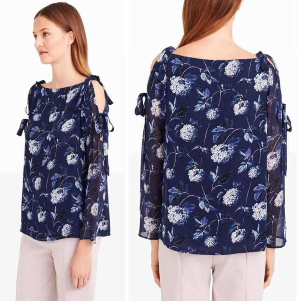 Club Monaco Navy Dolice Printed Silk Cold Shoulder Blouse Size XS 23316